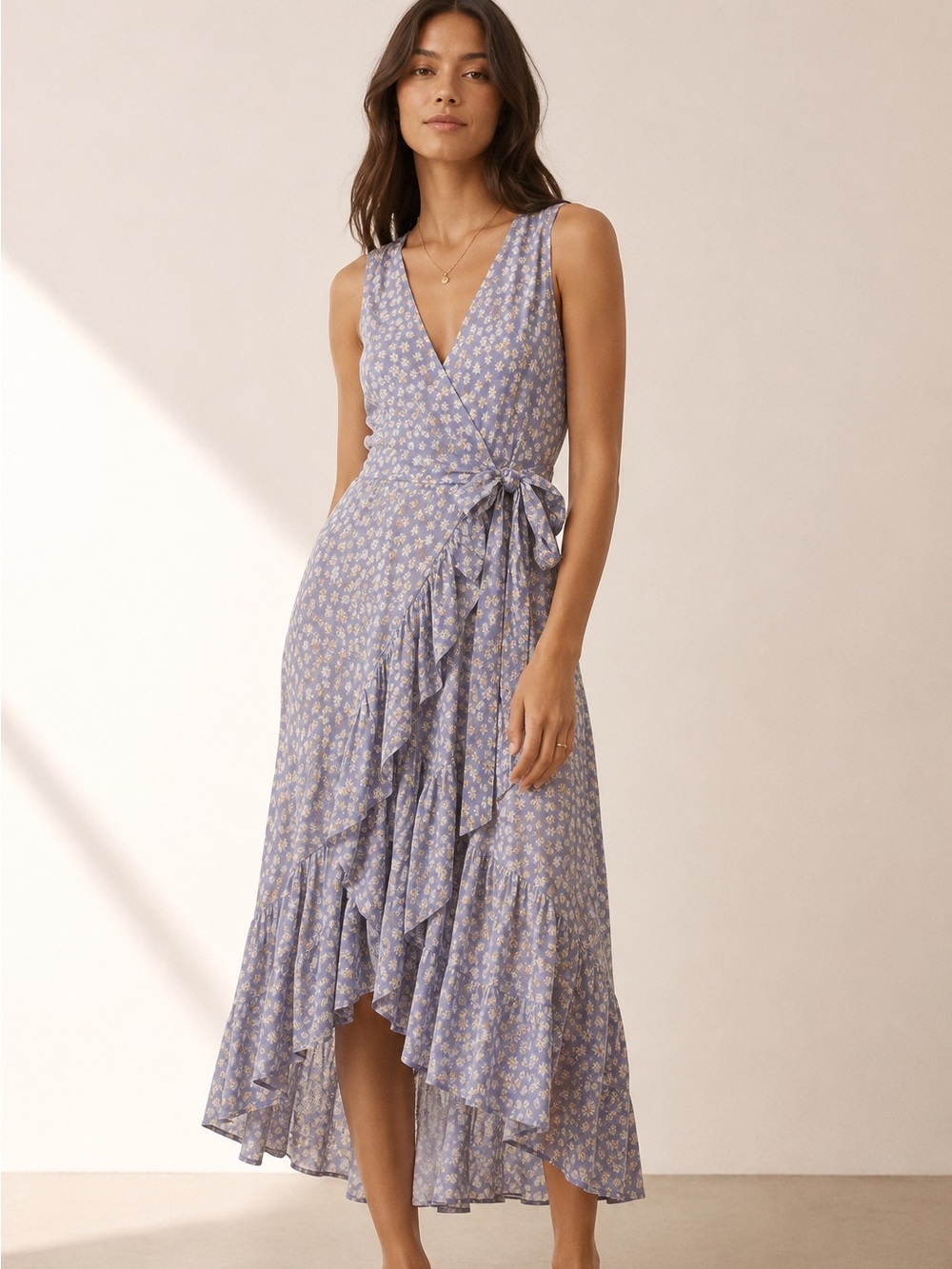 Madewell Chambray Floral Daisy Jordan Cascading Ruffle Wrap Midi Dress Size XXS